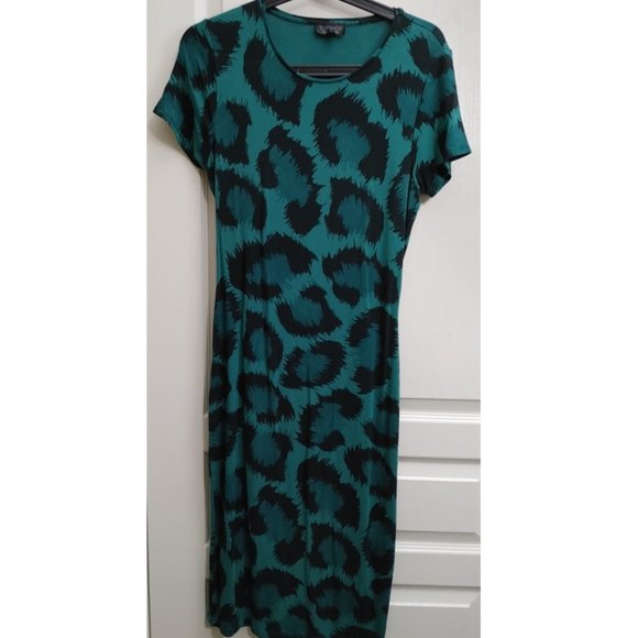 TOP SHOP GREEN LEOPARD PRINT CUTOUT BACK DRESS (US 10) - Picture 1 of 11